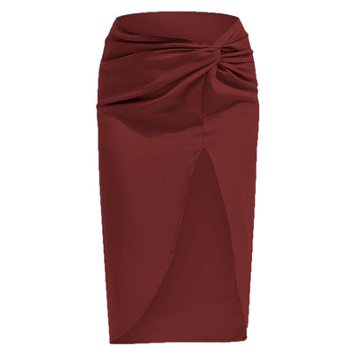 NTG Fad Wine Red / S Summer Solid Color Satin Split Bodycon Office Lady Club Sexy Midi Skirts
