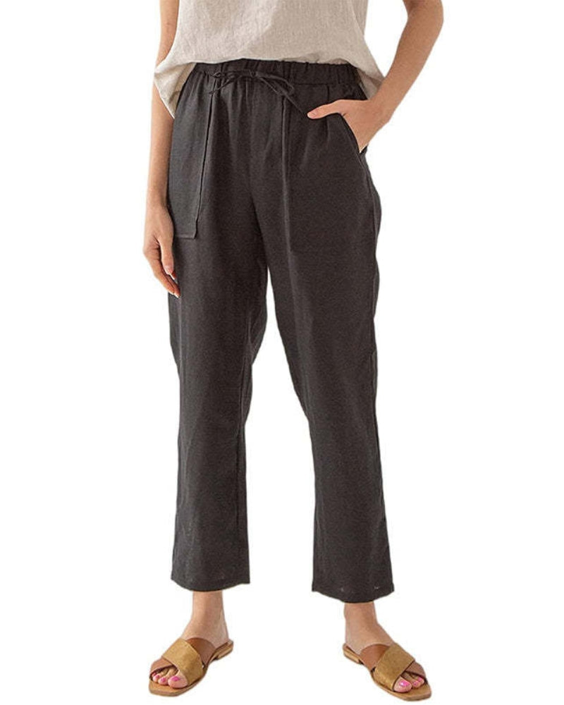 NTG Fad Women 100% Linen Elastic Drawstring Cropped Pants With Pockets