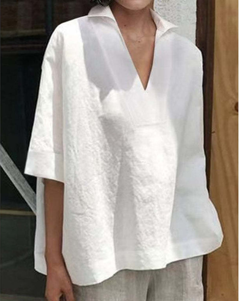 NTG Fad Women Casual V-Neck Cotton Linen Short Sleeve Blouse Tops