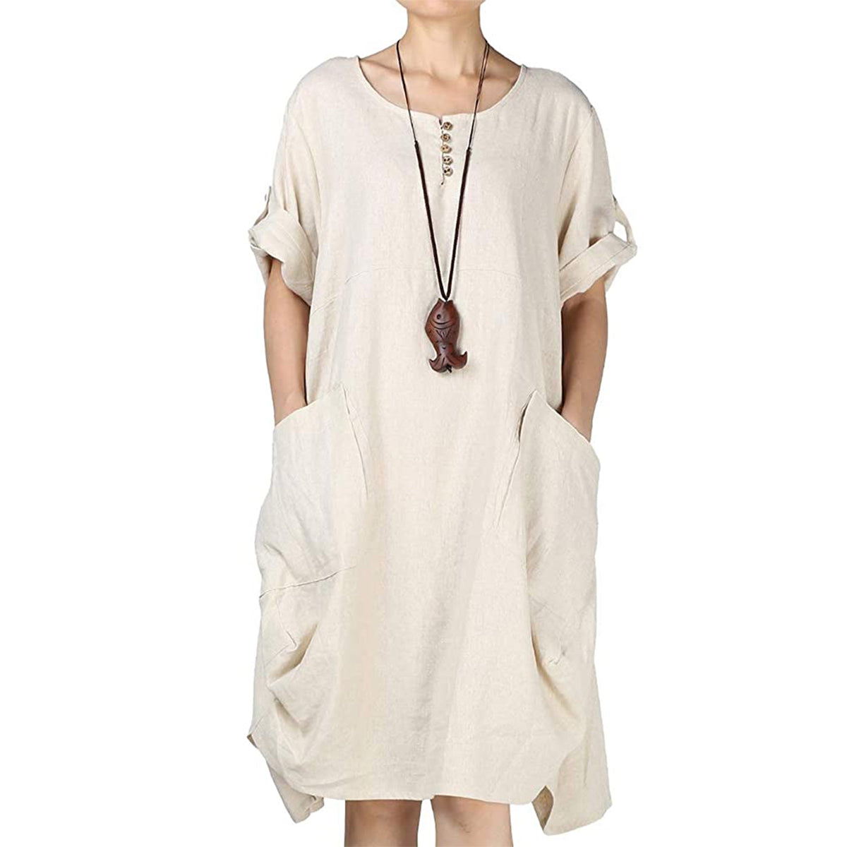 NTG Fad XL / Beige Cotton Linen T-Shirt Knee-Length Dress