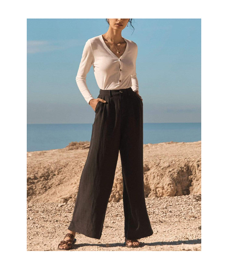 NTG Fad XL / Black Linen Casual Trousers Women's High Waist Straight Pants