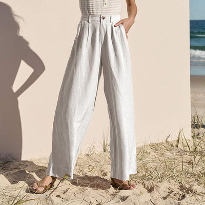 NTG Fad XL / White Linen Casual Trousers Women's High Waist Straight Pants