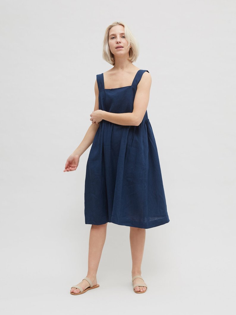 NTG Fad XS / Dark Blue Cotton Linen Button Dress