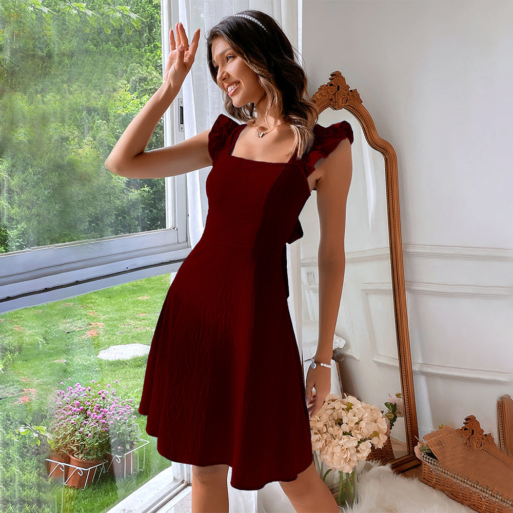 NTG Fad red / XS 100% Cotton Vintage Petal Sleeve Back Bandage Chic Elegant Party Dress