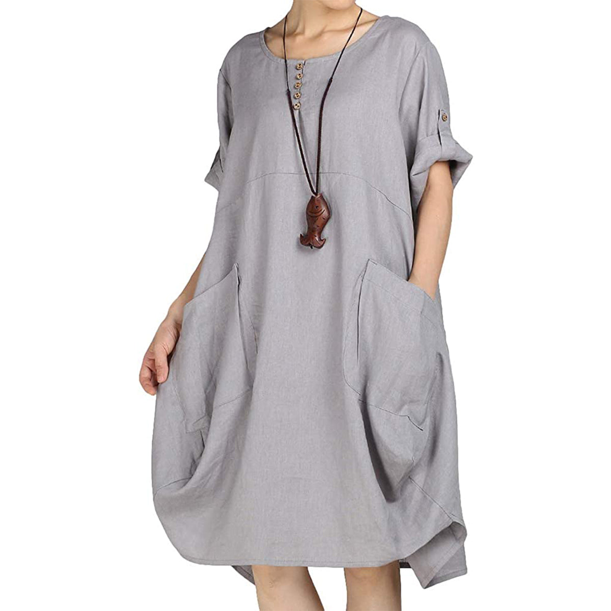 NTG Fad XXL / Gray Cotton Linen T-Shirt Knee-Length Dress