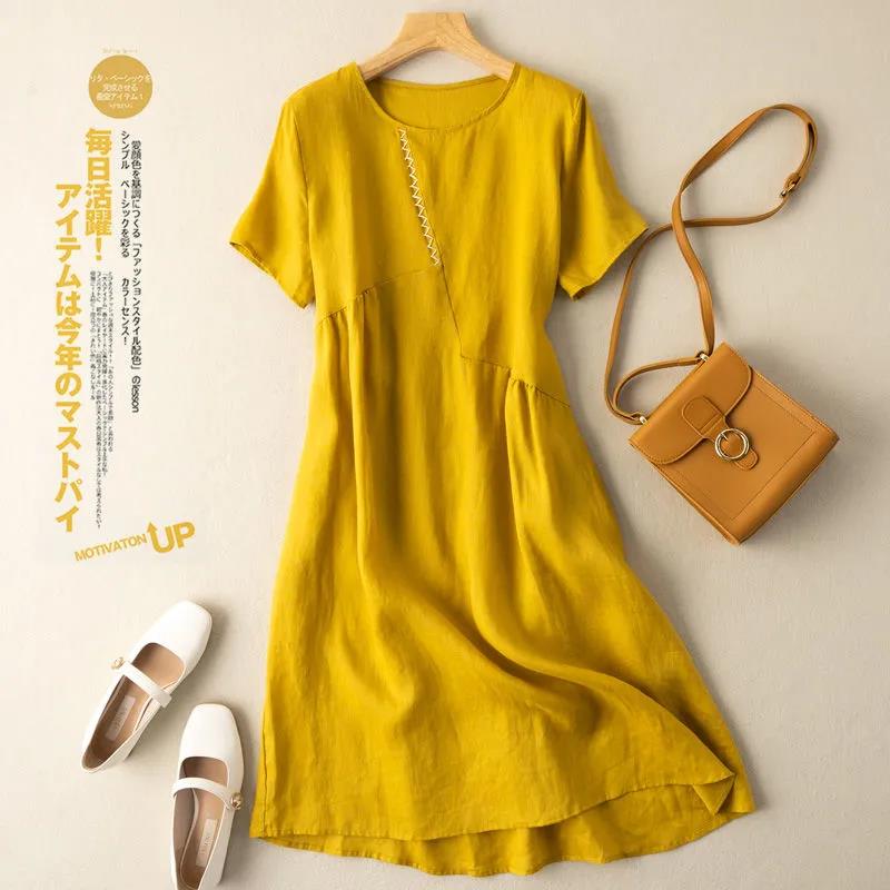 NTG Fad yellow / M Cotton Linen Women Dress Casual O-Neck Short Sleeve Patchwork Harajuku Party Club Sundress Vestido