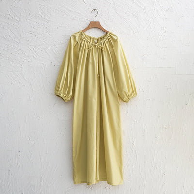 NTG Fad yellow / One Size 100% Cotton Elegant Dresses For Women Casual Solid O-Neck Lace Up Bandage Long White Dress Vestidos Comfortable Outwear