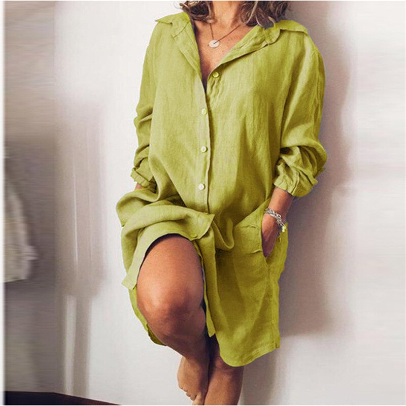 NTG Fad Yellow / S 2022 Autumn Cotton Linen Women's Shirt Dress Long Sleeve Solid White Casual Dresses Female Summer Fashion Loose Ladies Clothes