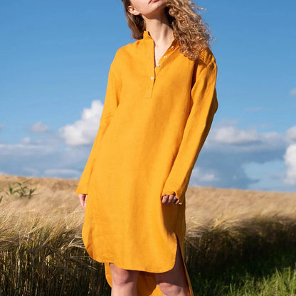 NTG Fad yellow / S Casual Cotton Linen Women'S Dress Loose Long Sleeve Button Up Shirt Dress French Style Holiday Beach Party Dresses Ropa Mujer