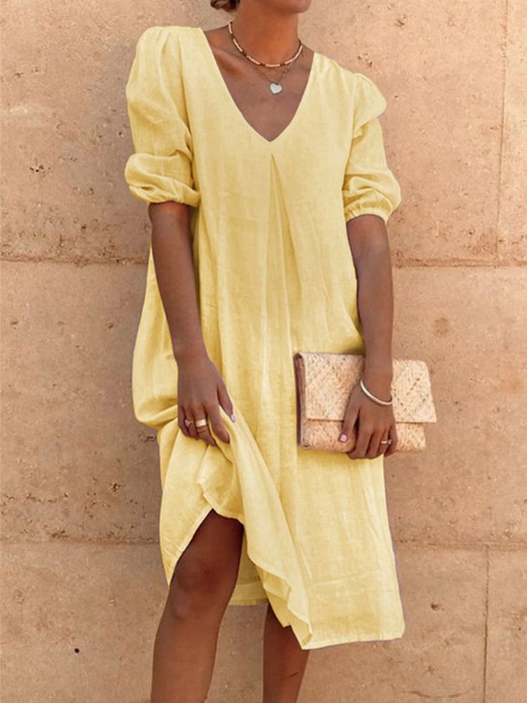 NTG Fad Yellow / S Casual Loose Shirt Dress Women Summer Linen White Solid Color Dress