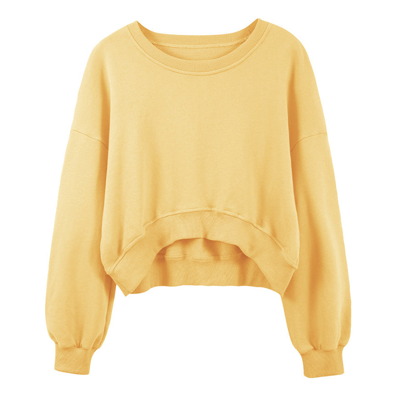 NTG Fad yellow / S Chic 100% Cotton Women Cropped Sweatshirts Casual Loose Long Sleeve O-Neck Asymmetrical Female Hoodies Harajuku Pullover