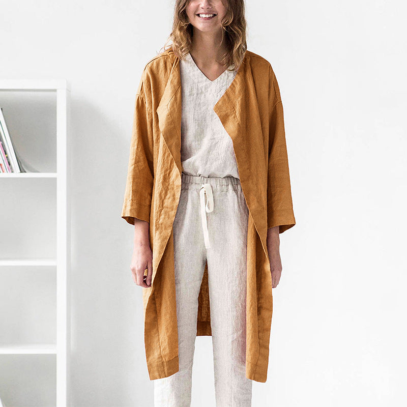 NTG Fad yellow / S Chic 100% Linen Women Coats Vintage Jacket Casual Long Sleeve Overcoat Female Outerwear