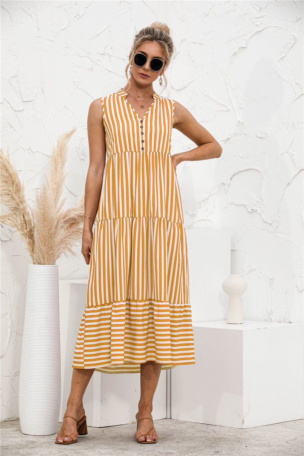 NTG Fad Yellow / S Stripe V Neck Casual Loose Button Type Stitching Ruffled Sleeveless Ladies Dress