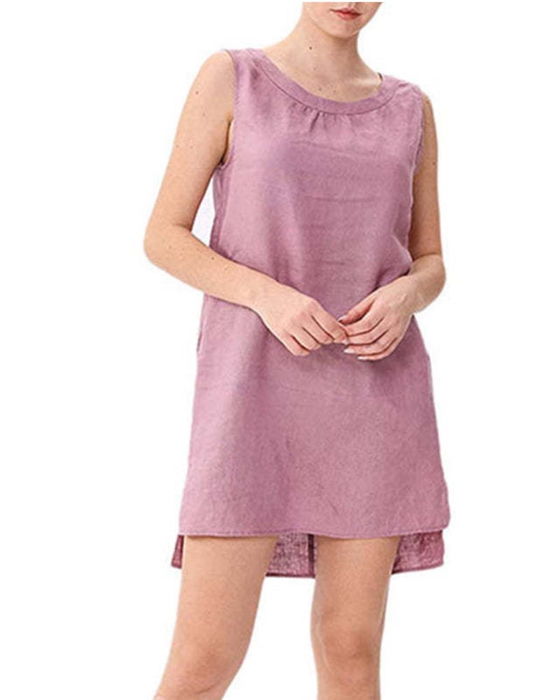 NTG Textile One Size / Pink SOLID FASHION STYLE LOVELY WOMEN 100% LINEN SELF-TIE DRESS