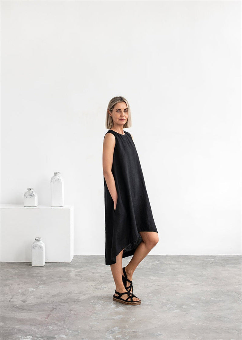 NTG Textile S / Black Linen Fashion Pockets Dress
