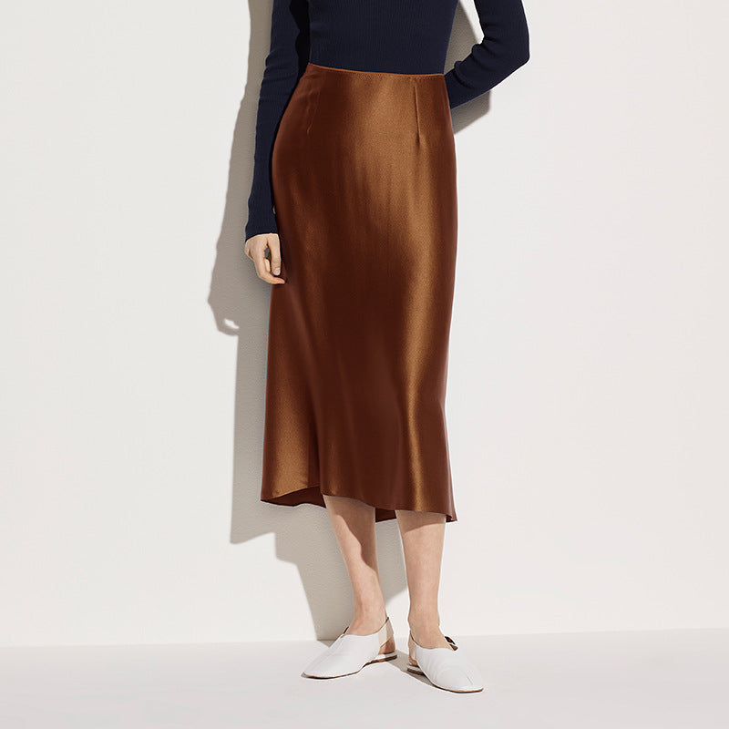 NTG Textile S / Coffee Satin High-Waisted Skirt