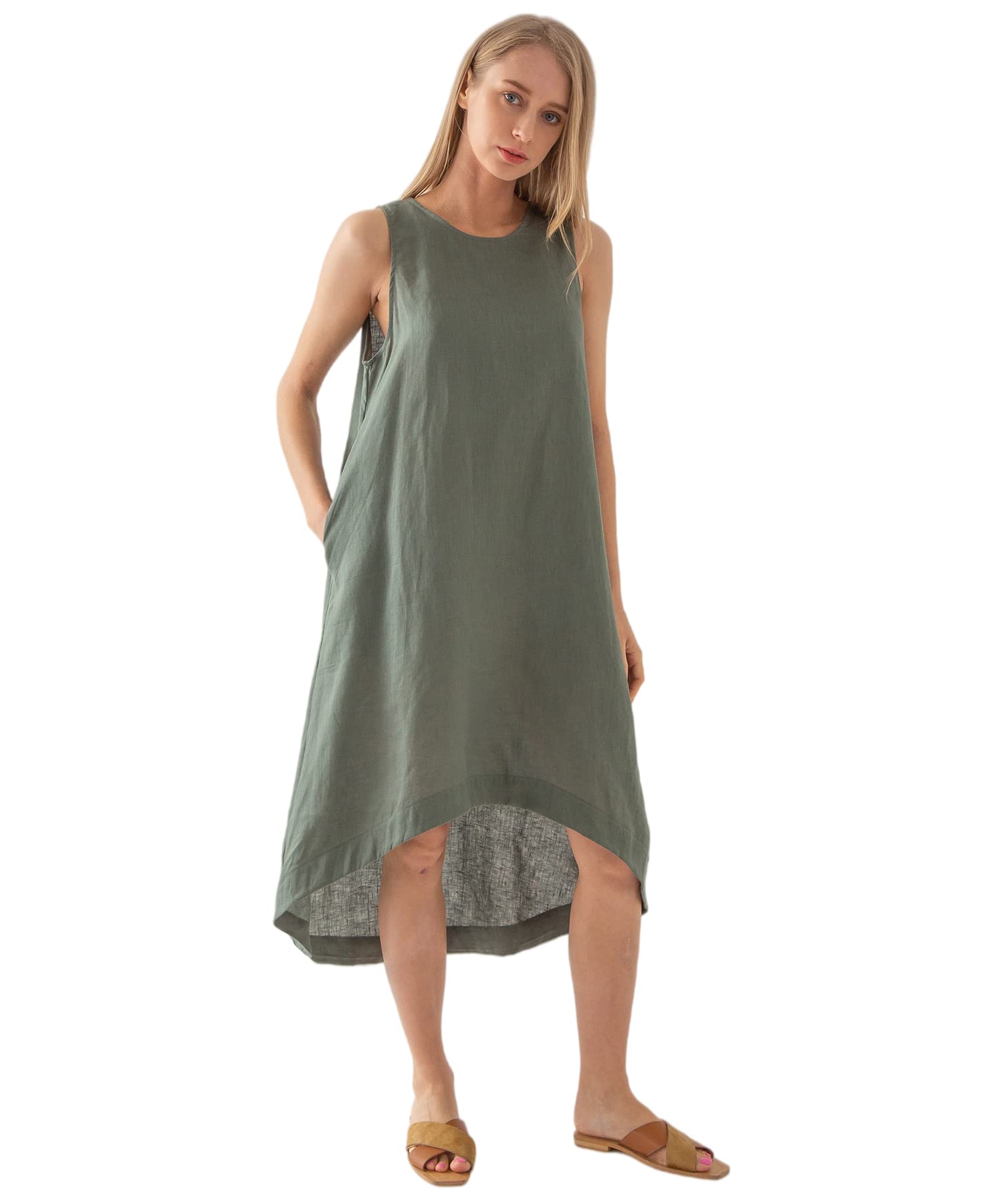 NTG Textile S / Green Linen Fashion Pockets Dress