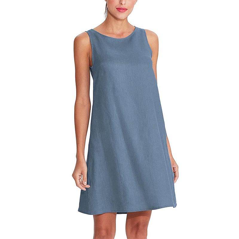 NTG Textile S / Light Blue Linen Pockets Tank Dress
