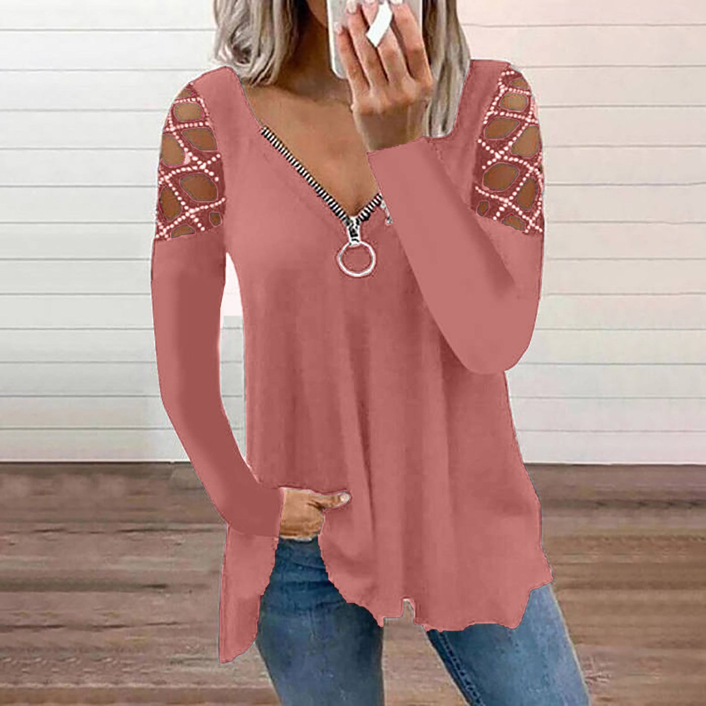 NTG Textile S / Pink Rhinestone Casual Sexy Top