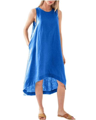 NTG Textile Solid Color Fashion O Neck Linen Fashion Pockets Dress
