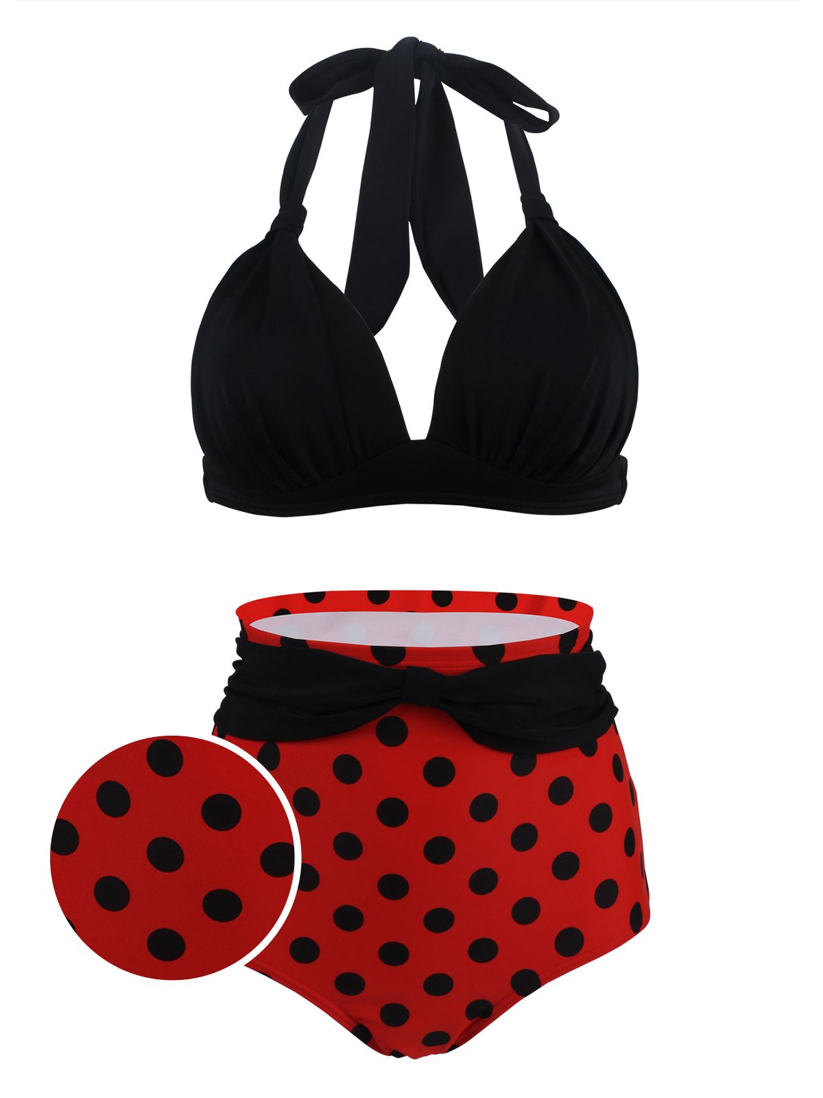 Retro Stage Swimsuit Black Red / S Polka Dot Pleated Halter Bikini