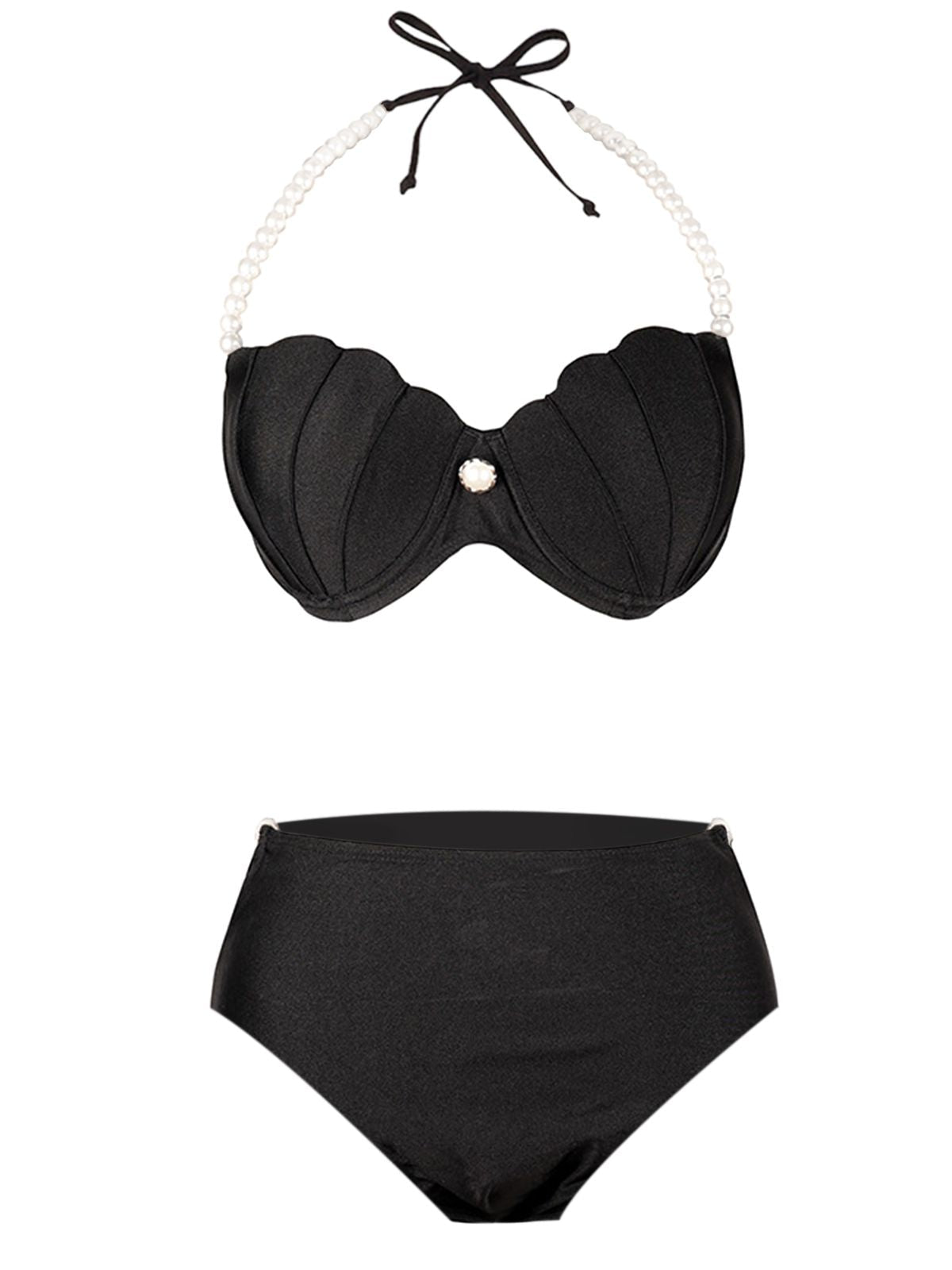Retro Stage Swimsuit Black / S / 2~6 Black Shell Pearl Halter Bikini Set