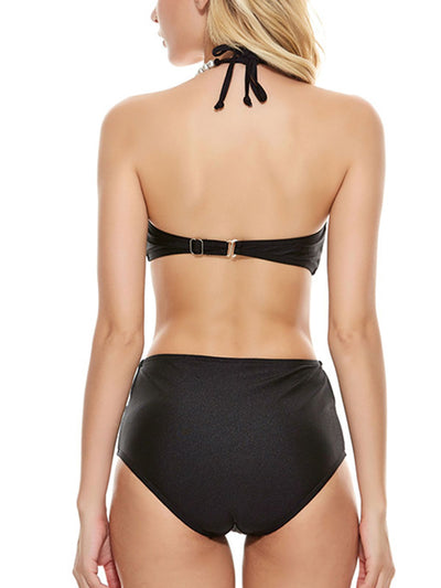 Retro Stage Swimsuit Black Shell Pearl Halter Bikini Set