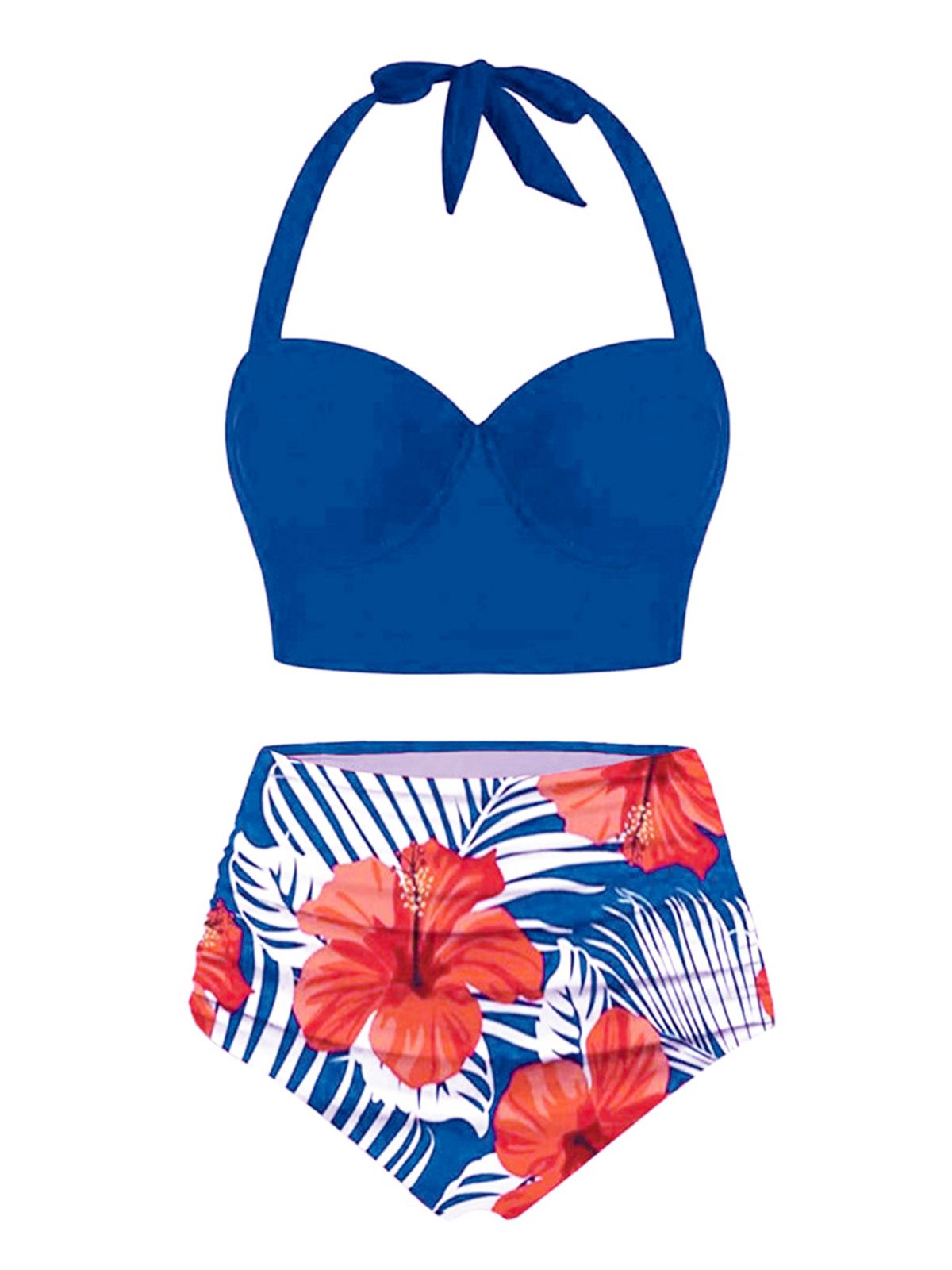 Retro Stage Swimsuit Blue / S / 2 Halter Flowers Pleated Bikini Set