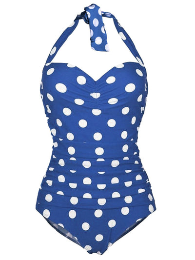 Retro Stage Swimsuit Blue / S Halter Polka Dot One-Piece Swimsuit