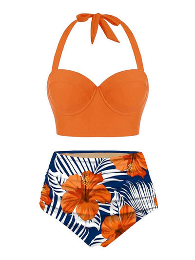 Retro Stage Swimsuit Orange / S / 2 Halter Flowers Pleated Bikini Set