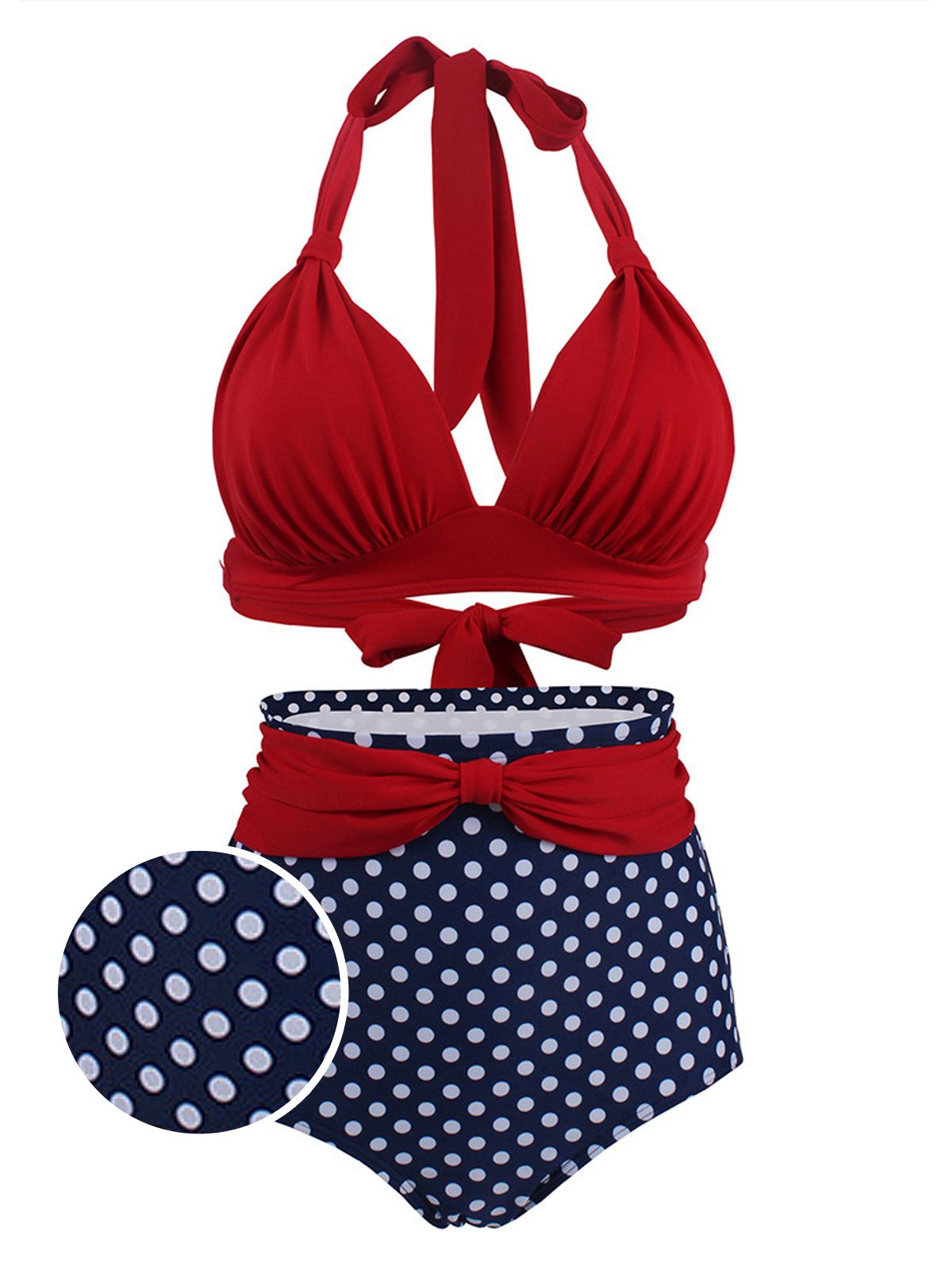 Retro Stage Swimsuit Red Blue / S Polka Dot Pleated Halter Bikini
