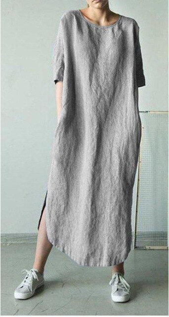𝒩𝒯𝒢 ღ𝓃𝓁𝒾𝓃𝑒 S / Gray Linen Solid  Maxi Dress