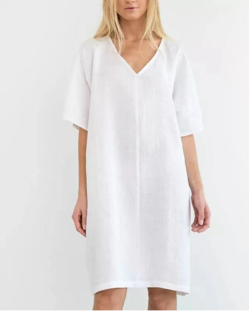 𝒩𝒯𝒢 ღ𝓃𝓁𝒾𝓃𝑒 Solid Color Pure 100% Linen V-Neck Basic Dress