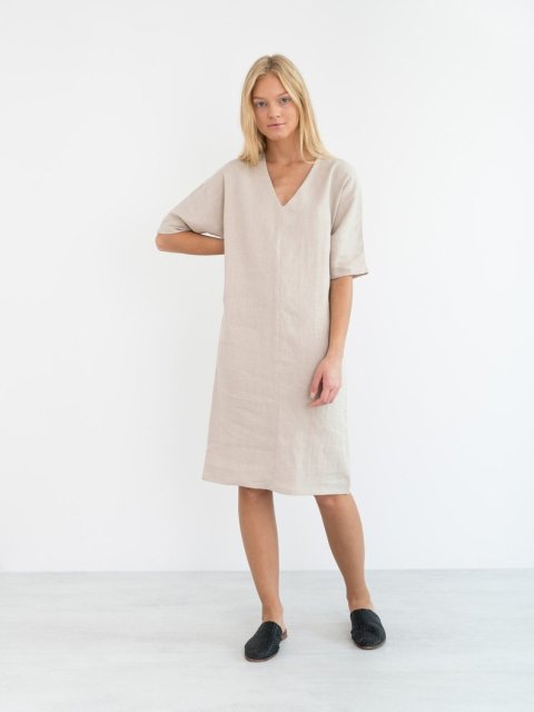 𝒩𝒯𝒢 ღ𝓃𝓁𝒾𝓃𝑒 XL / Beige Linen V-Neck Basic Dress