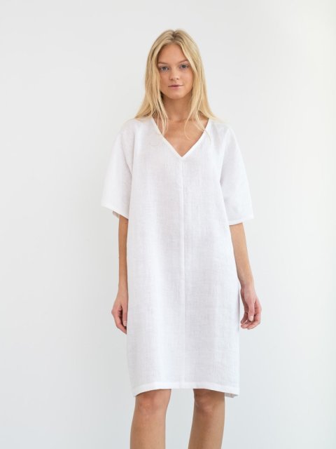 𝒩𝒯𝒢 ღ𝓃𝓁𝒾𝓃𝑒 XL / White Linen V-Neck Basic Dress