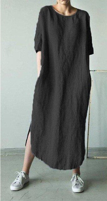 𝒩𝒯𝒢 ღ𝓃𝓁𝒾𝓃𝑒 XXL / Black Linen Solid  Maxi Dress