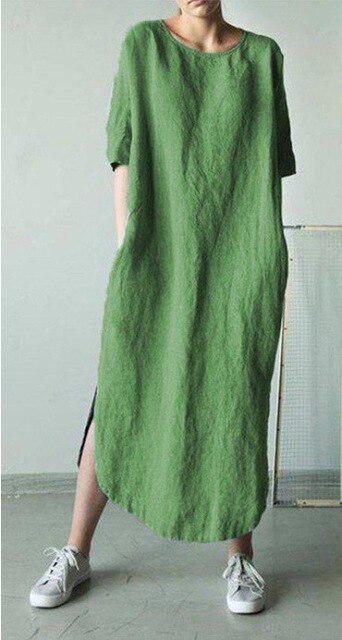 𝒩𝒯𝒢 ღ𝓃𝓁𝒾𝓃𝑒 XXL / Green Linen Solid  Maxi Dress