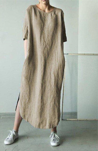 𝒩𝒯𝒢 ღ𝓃𝓁𝒾𝓃𝑒 XXL / Khaki Linen Solid  Maxi Dress