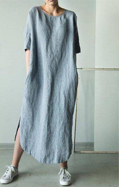 𝒩𝒯𝒢 ღ𝓃𝓁𝒾𝓃𝑒 XXL / Light  Blue Linen Solid  Maxi Dress